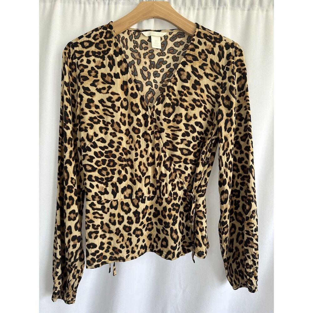 H&M Womens Cheetah Print Long Sleeve Blouse Top Peplum Wrap Size 6